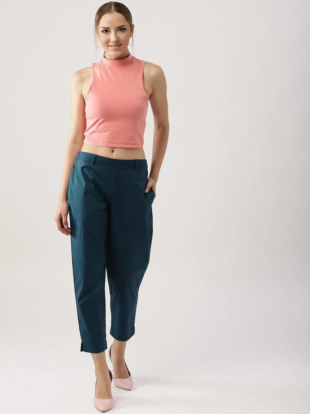 Blue Solid Polyester Trousers - Libas