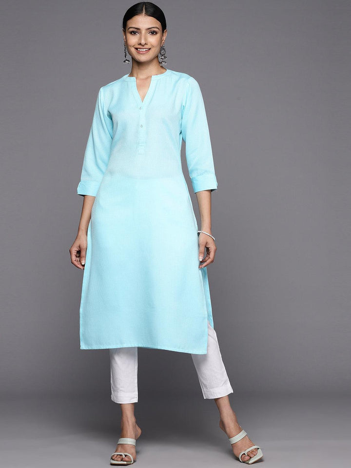 Blue Solid Rayon Straight Kurta - Libas