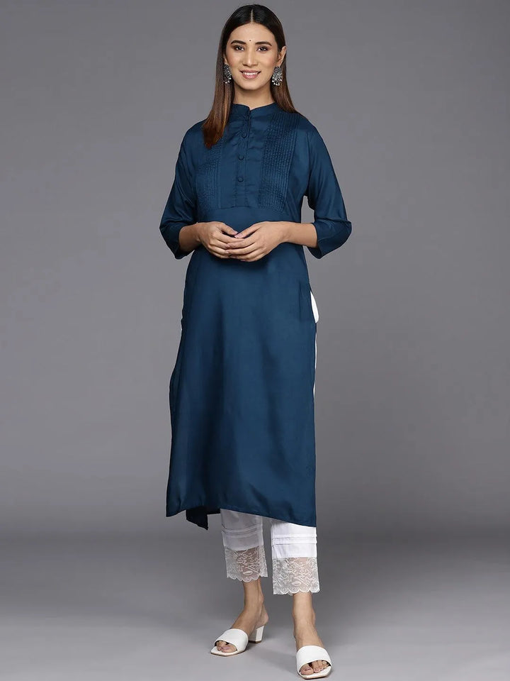 Blue Solid Rayon Straight Kurta - Libas