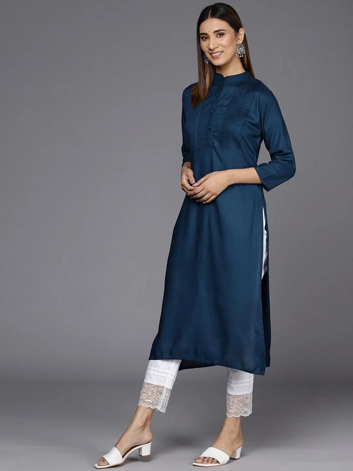 Blue Solid Rayon Straight Kurta - Libas