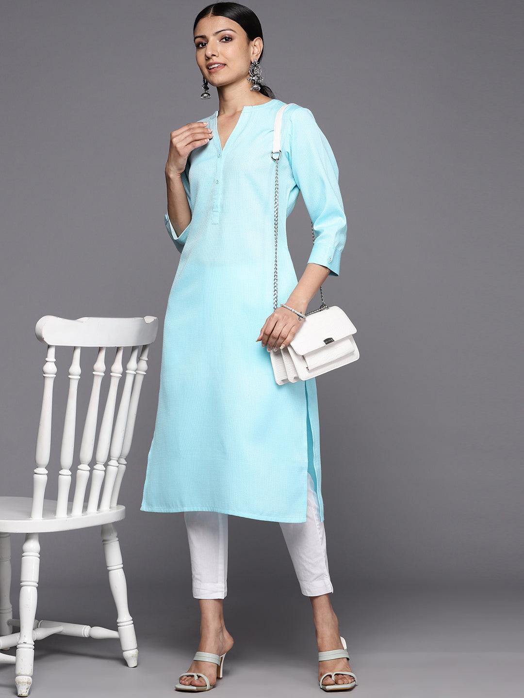 Blue Solid Rayon Straight Kurta - Libas 