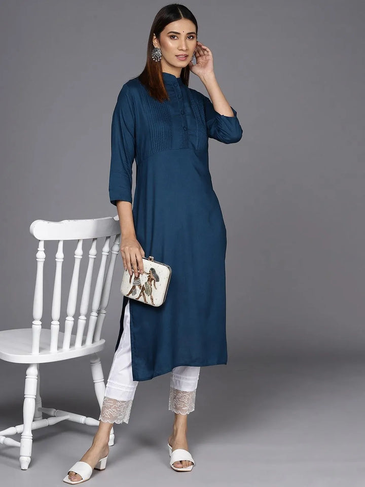 Blue Solid Rayon Straight Kurta - Libas