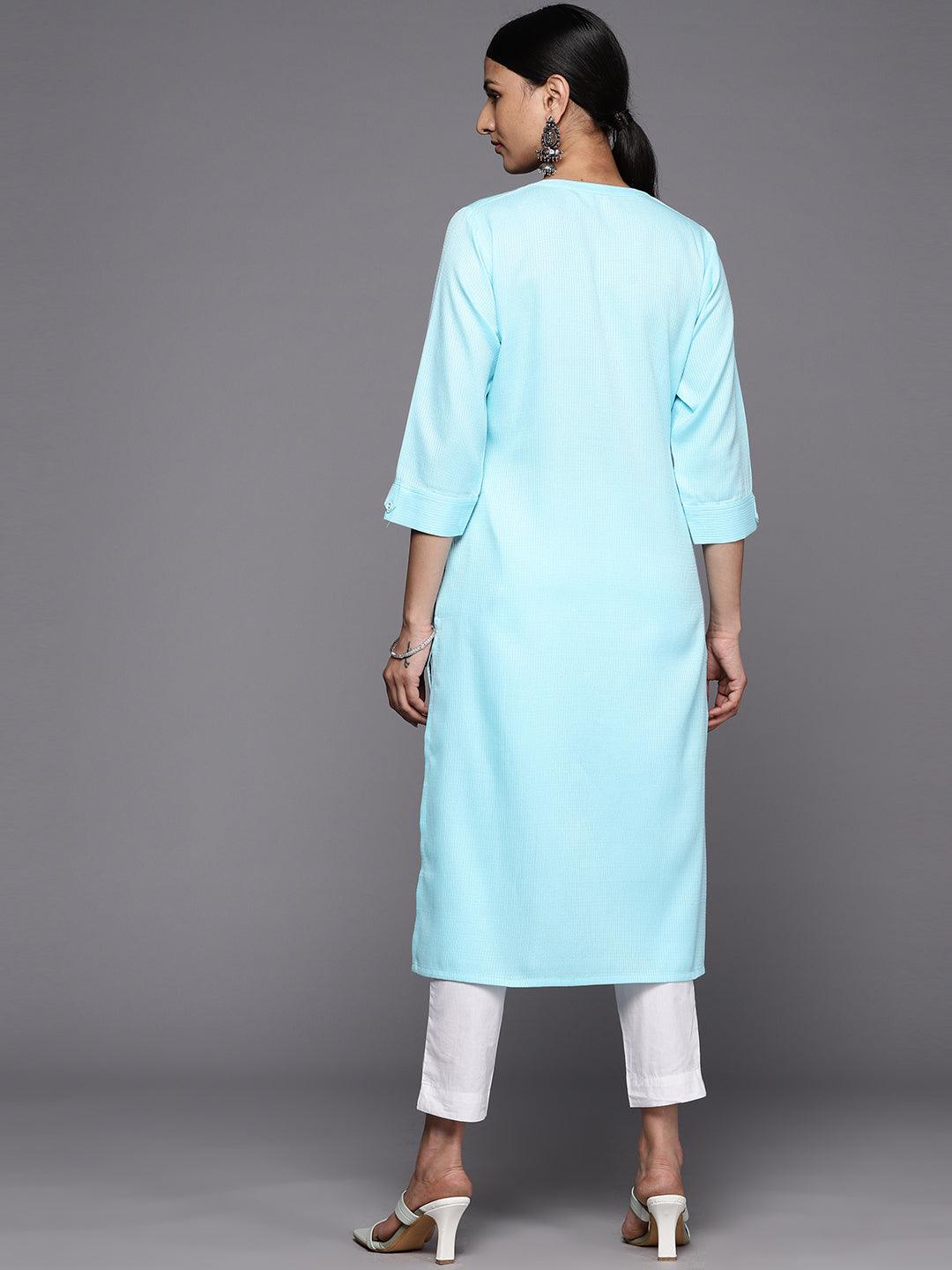 Blue Solid Rayon Straight Kurta - Libas 