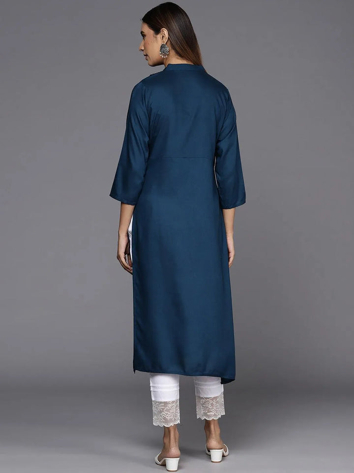 Blue Solid Rayon Straight Kurta - Libas