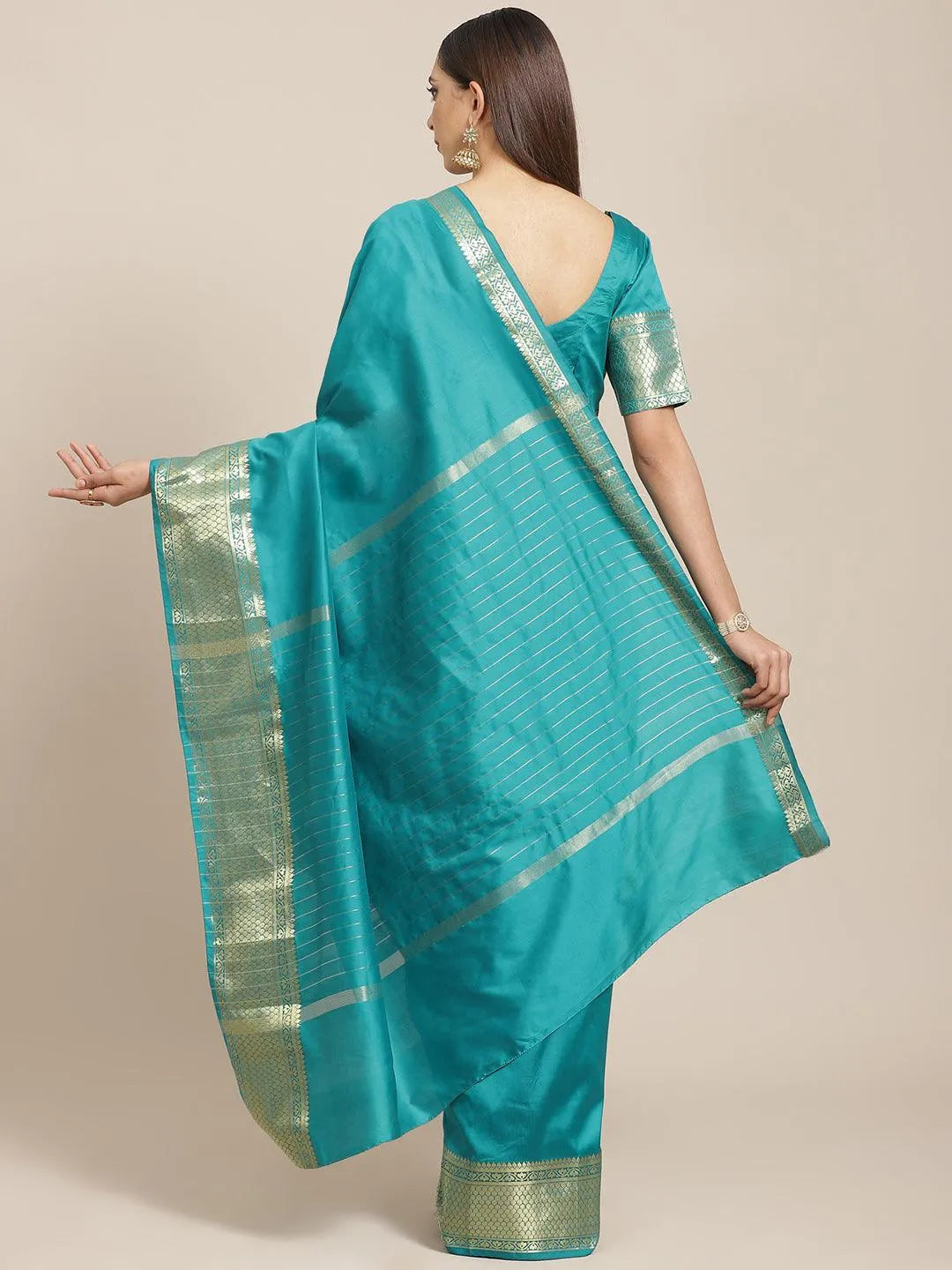 Blue Solid Silk Blend Saree - Libas