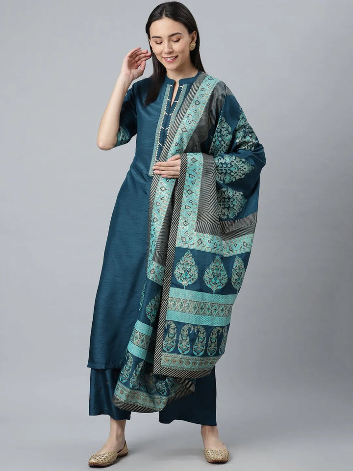 Blue Solid Silk Blend Suit Set - Libas