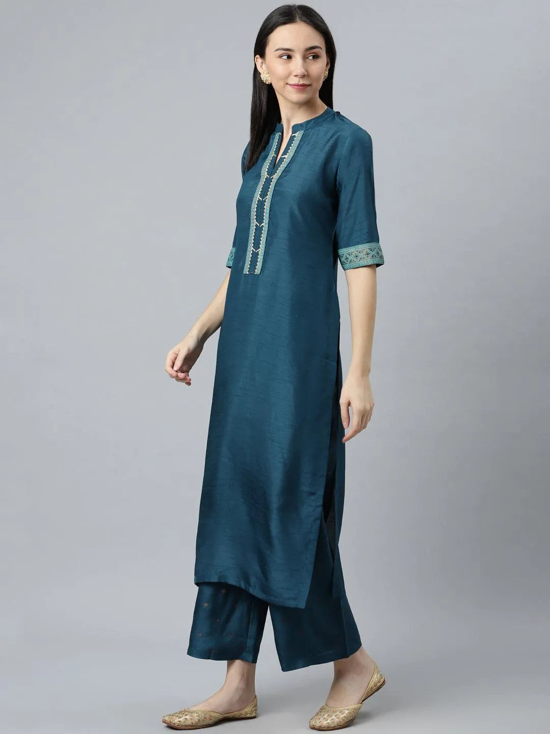 Blue Solid Silk Blend Suit Set - Libas