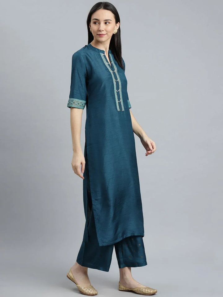 Blue Solid Silk Blend Suit Set - Libas