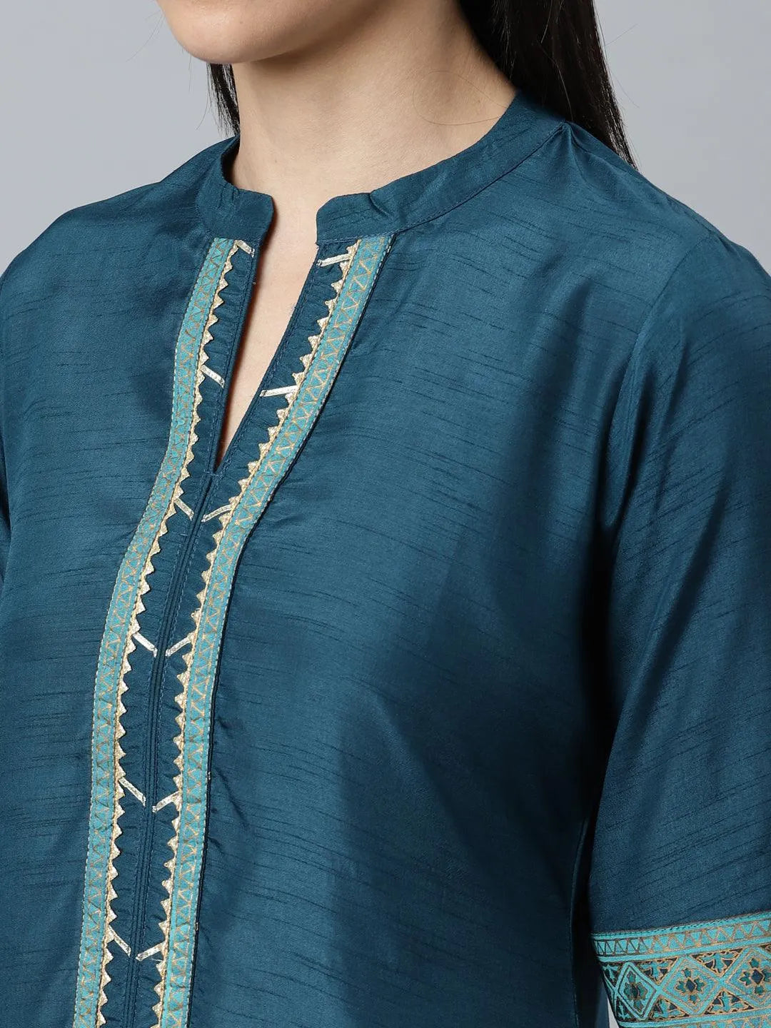 Blue Solid Silk Blend Suit Set - Libas