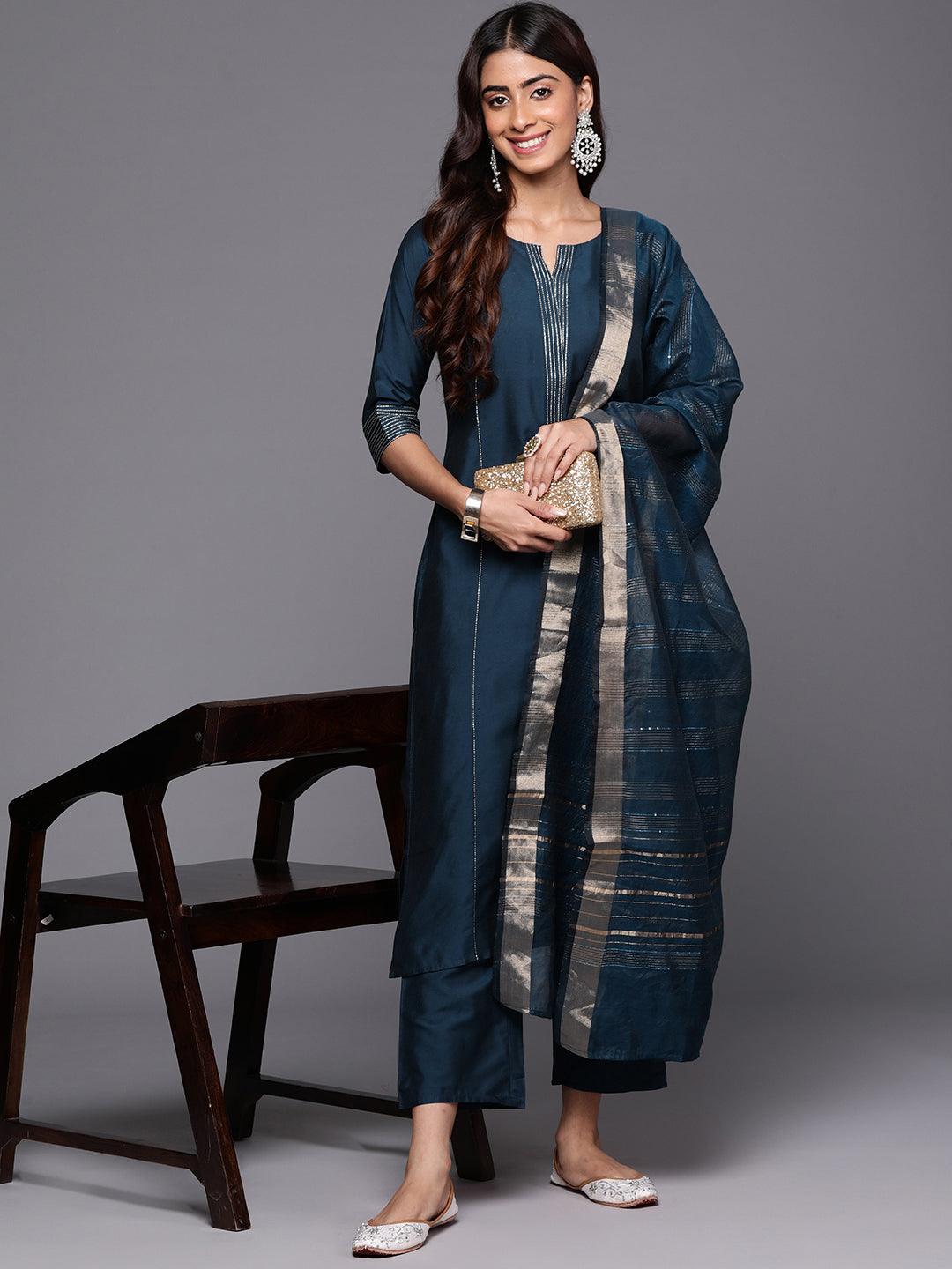 Blue Solid Silk Blend Straight Kurta With Trousers & Dupatta - Libas