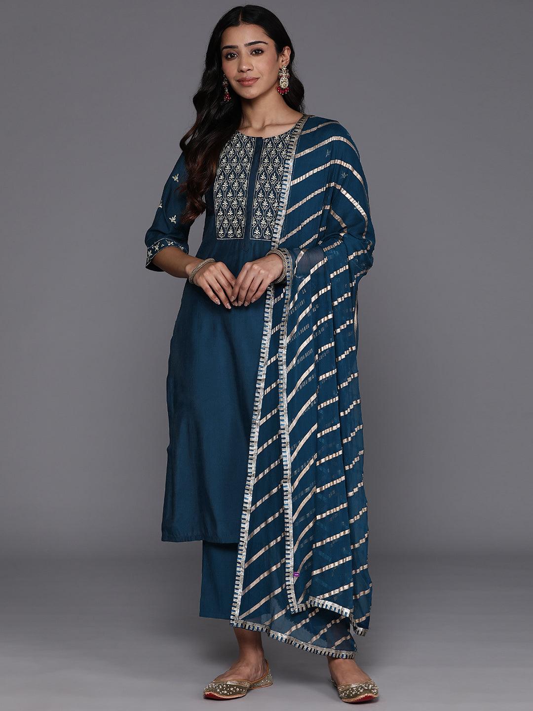 Blue Solid Silk Blend Straight Kurta With Trousers & Dupatta - Libas 