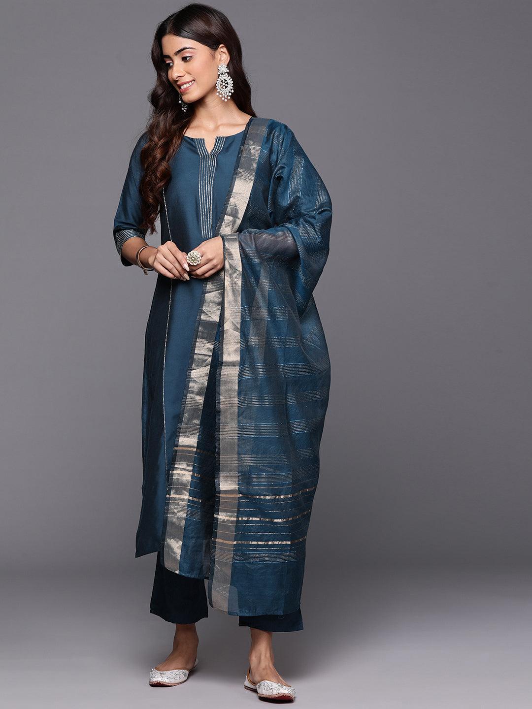 Blue Solid Silk Blend Straight Kurta With Trousers & Dupatta - Libas