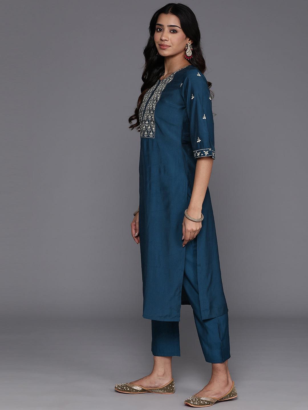 Blue Solid Silk Blend Straight Kurta With Trousers & Dupatta - Libas 