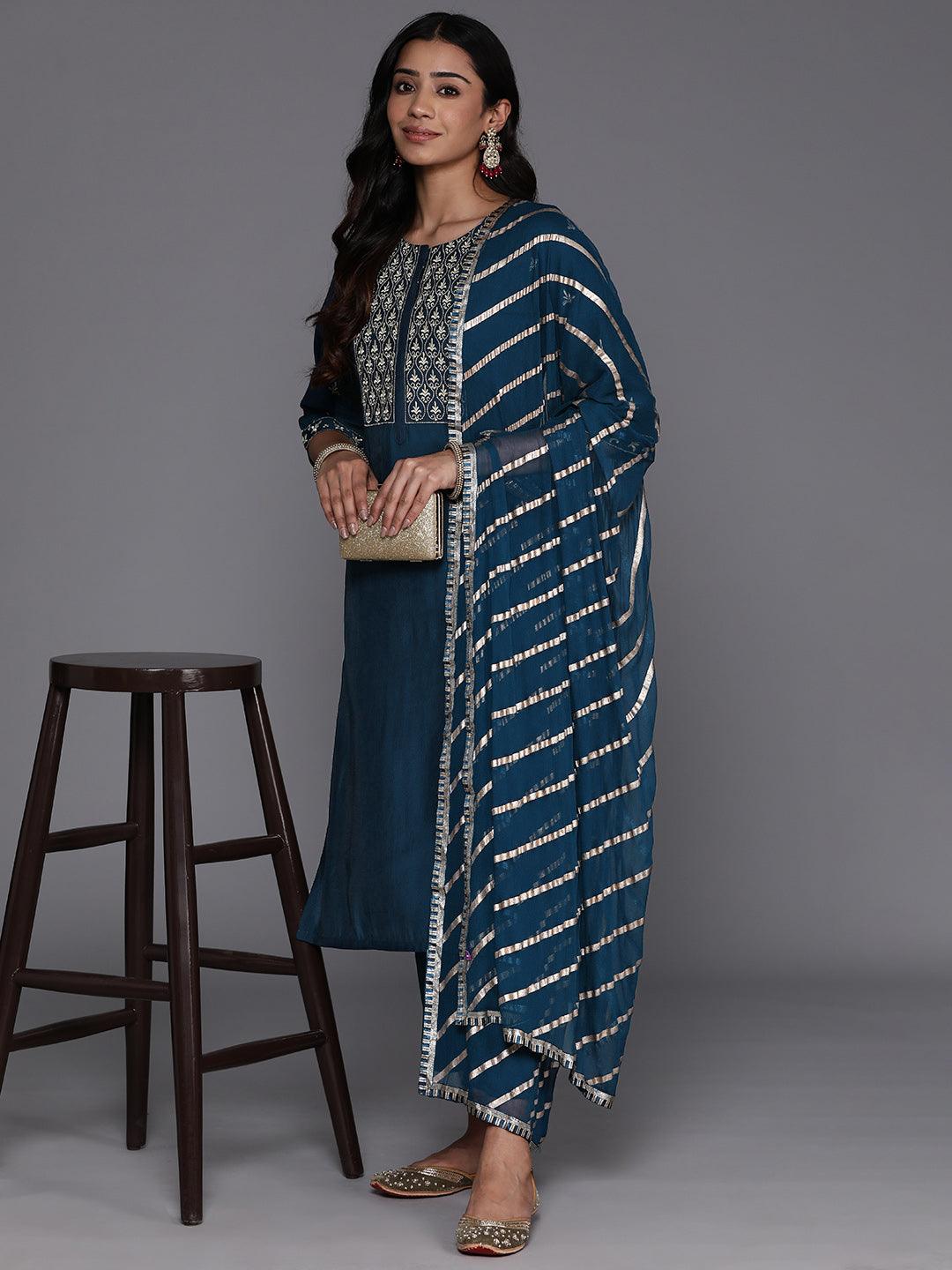 Blue Solid Silk Blend Straight Kurta With Trousers & Dupatta - Libas