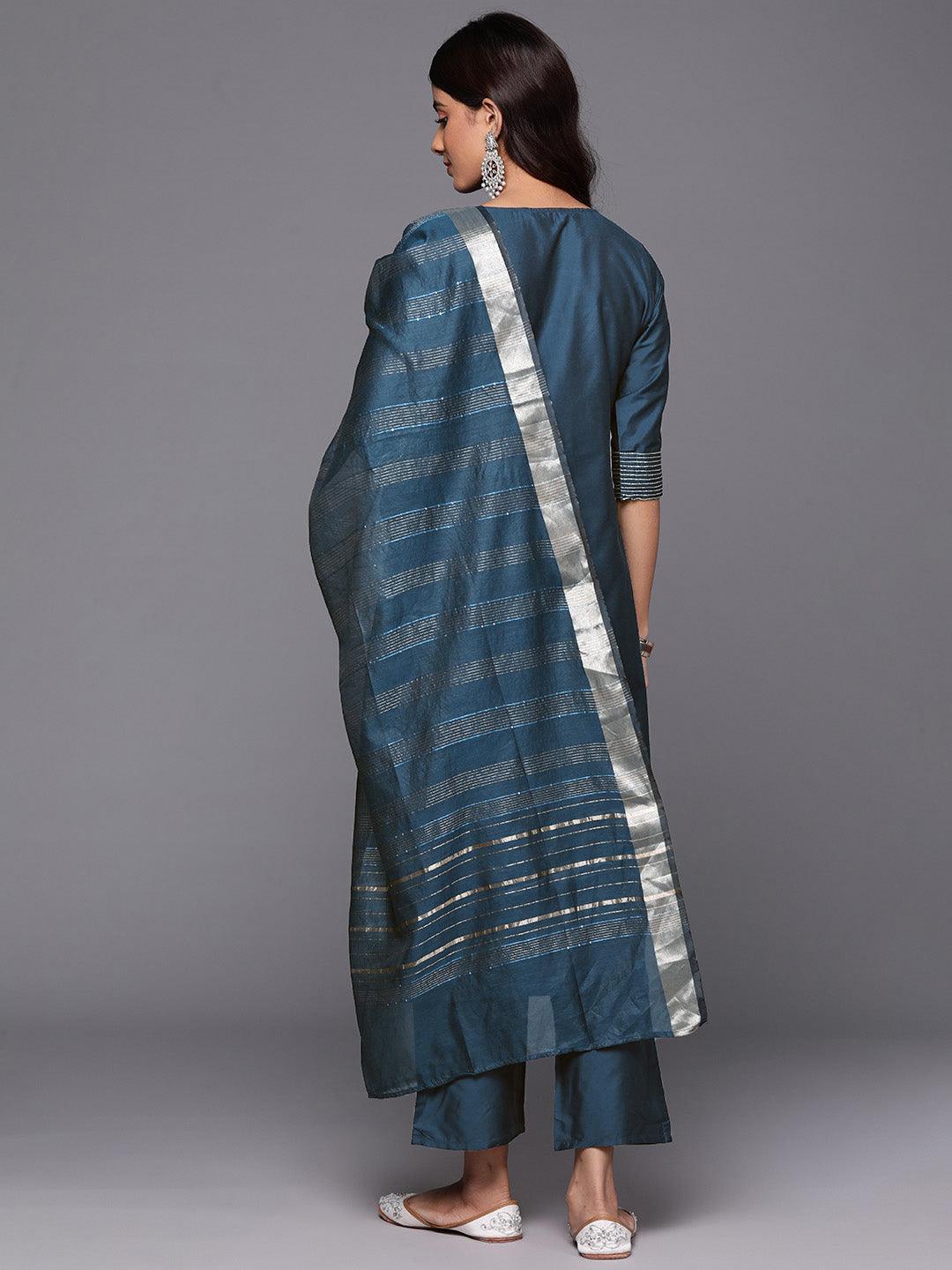 Blue Solid Silk Blend Straight Kurta With Trousers & Dupatta - Libas