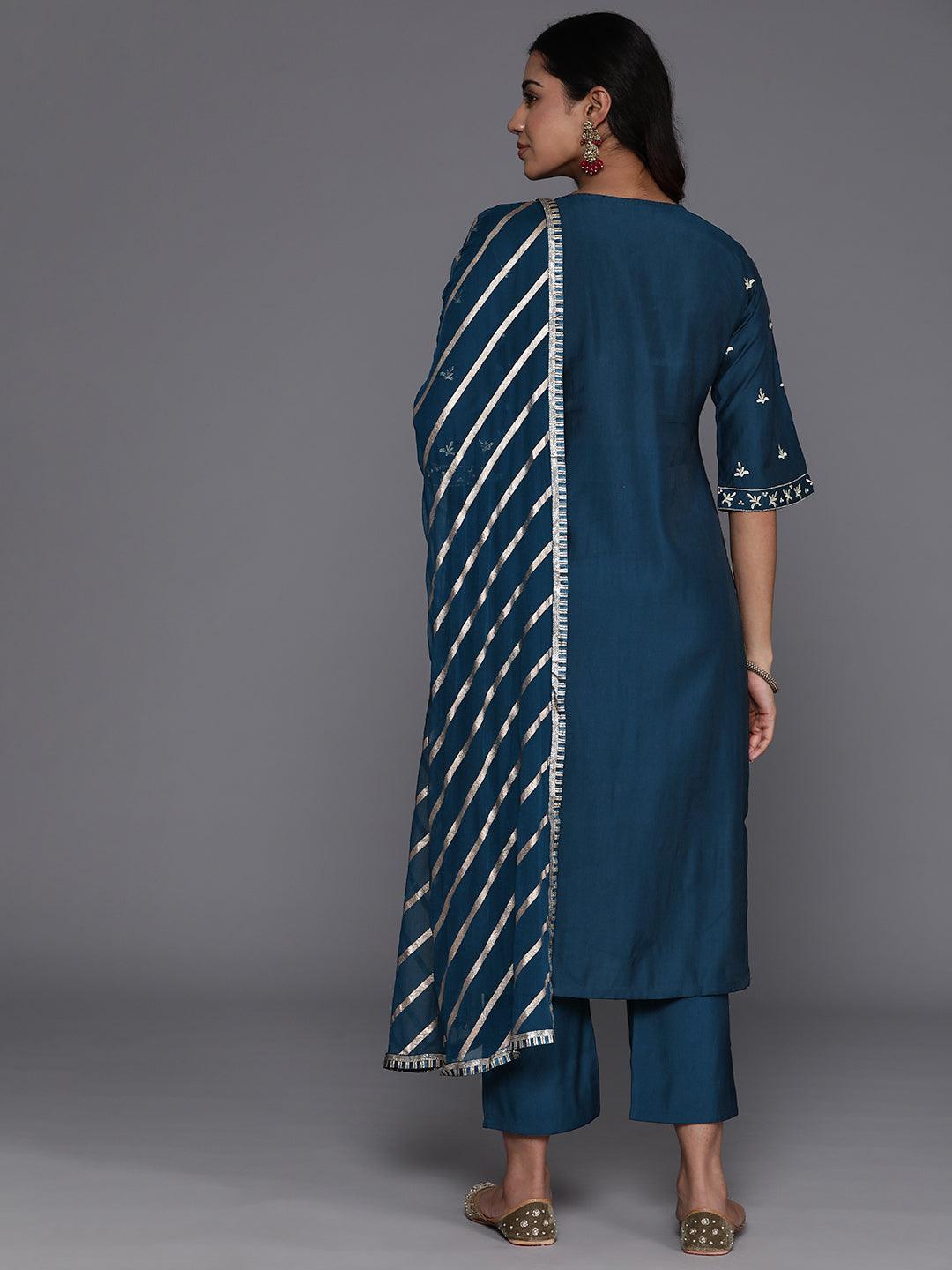 Blue Solid Silk Blend Straight Kurta With Trousers & Dupatta - Libas 