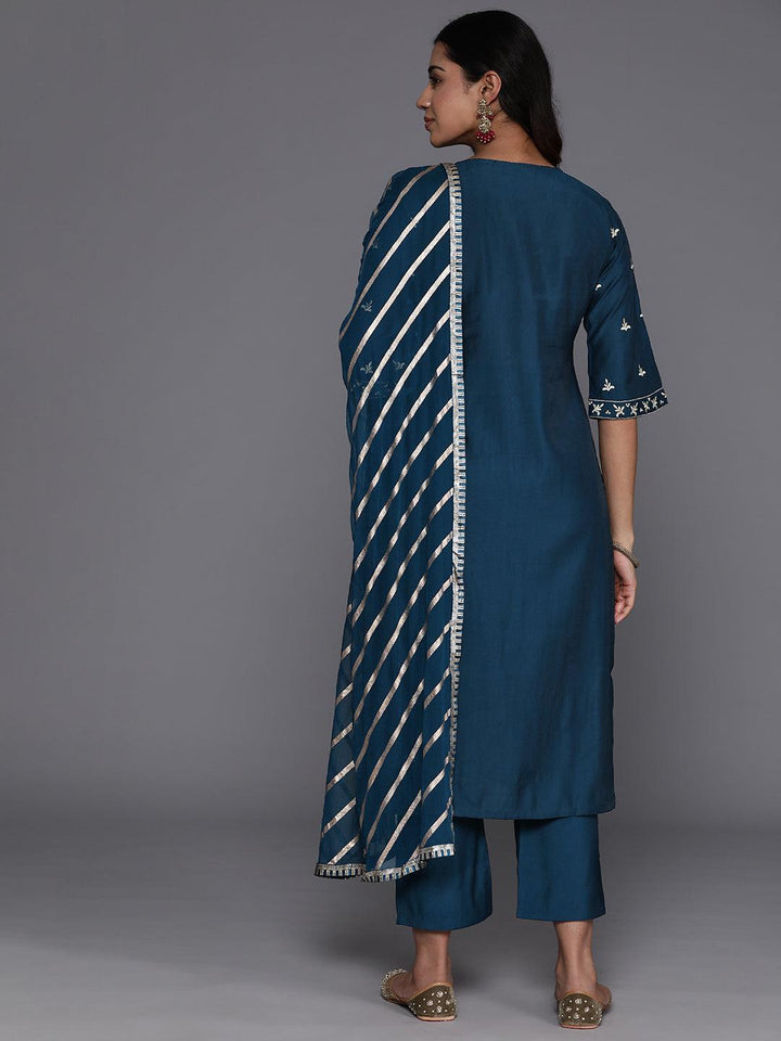 Blue Solid Silk Blend Straight Kurta With Trousers & Dupatta - Libas