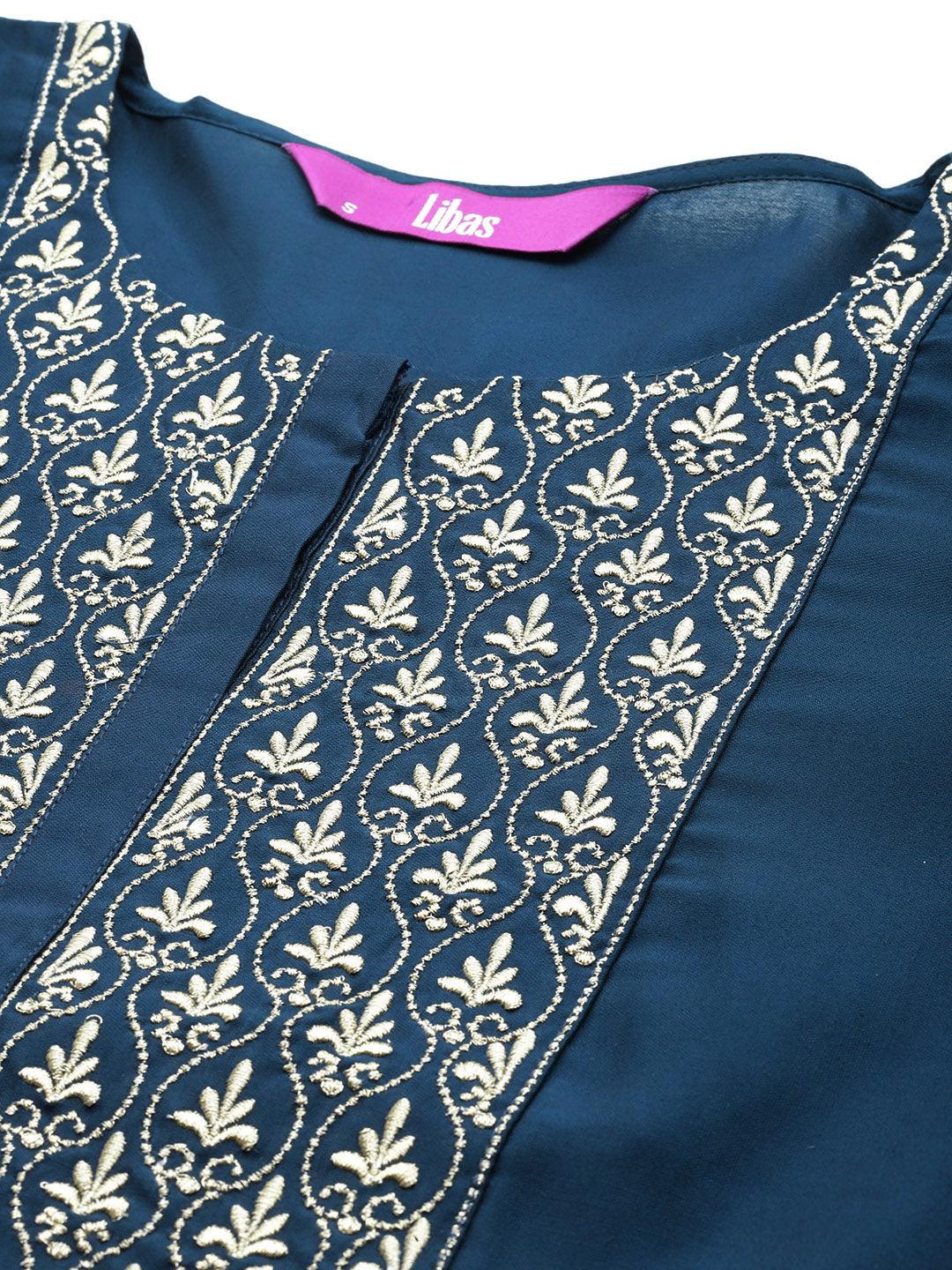 Blue Solid Silk Blend Straight Kurta With Trousers & Dupatta - Libas 