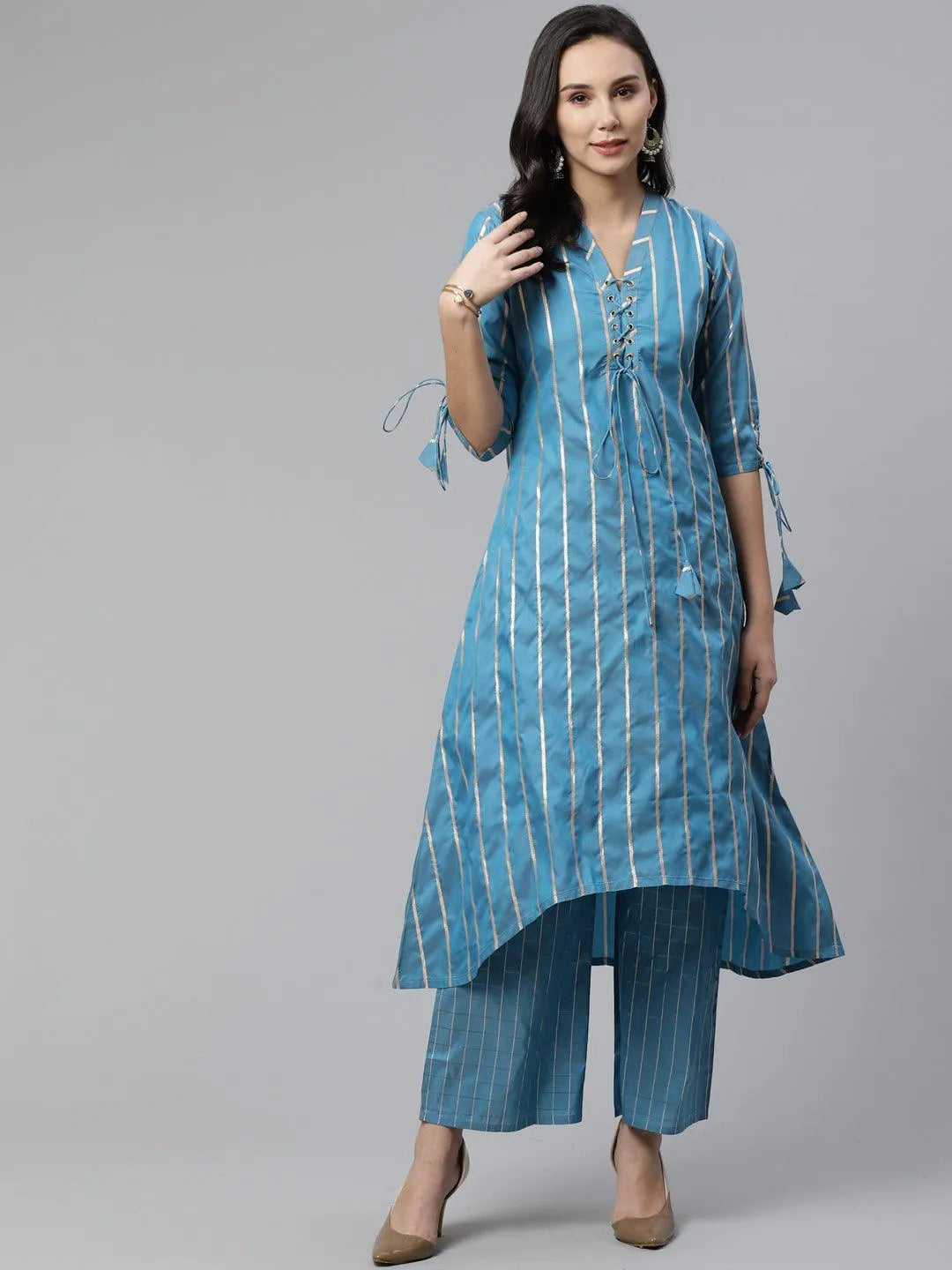 Blue Striped Chanderi Kurta Set - Libas 