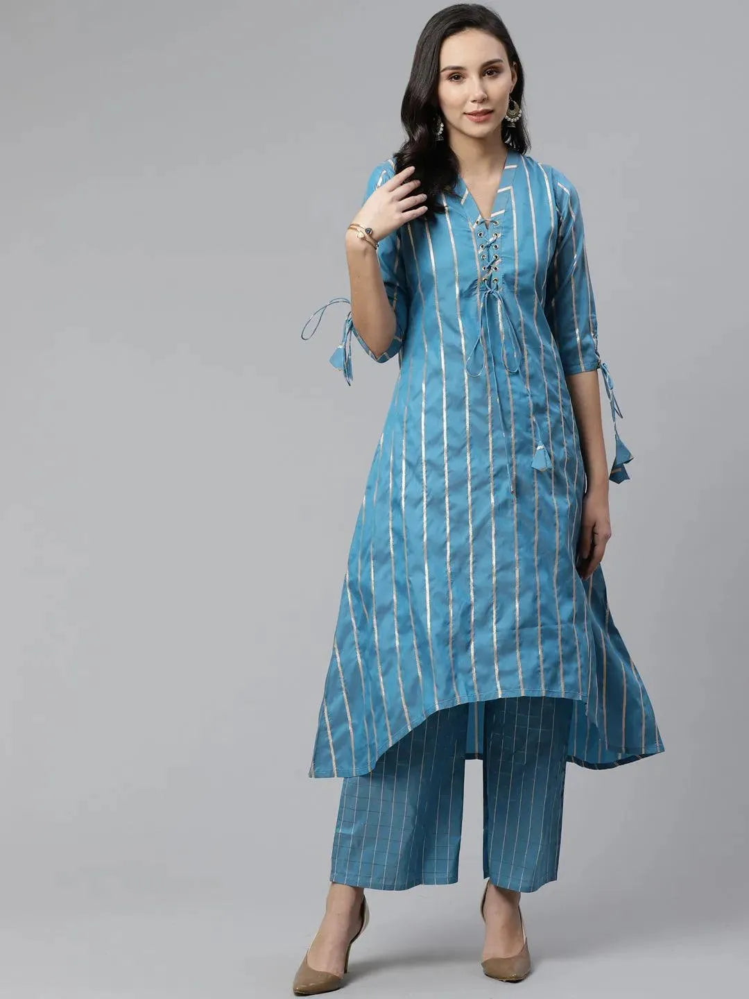 

Buy Blue Striped Chanderi Kurta Set - 6569MJ- | Libas Ethnic Wear Online