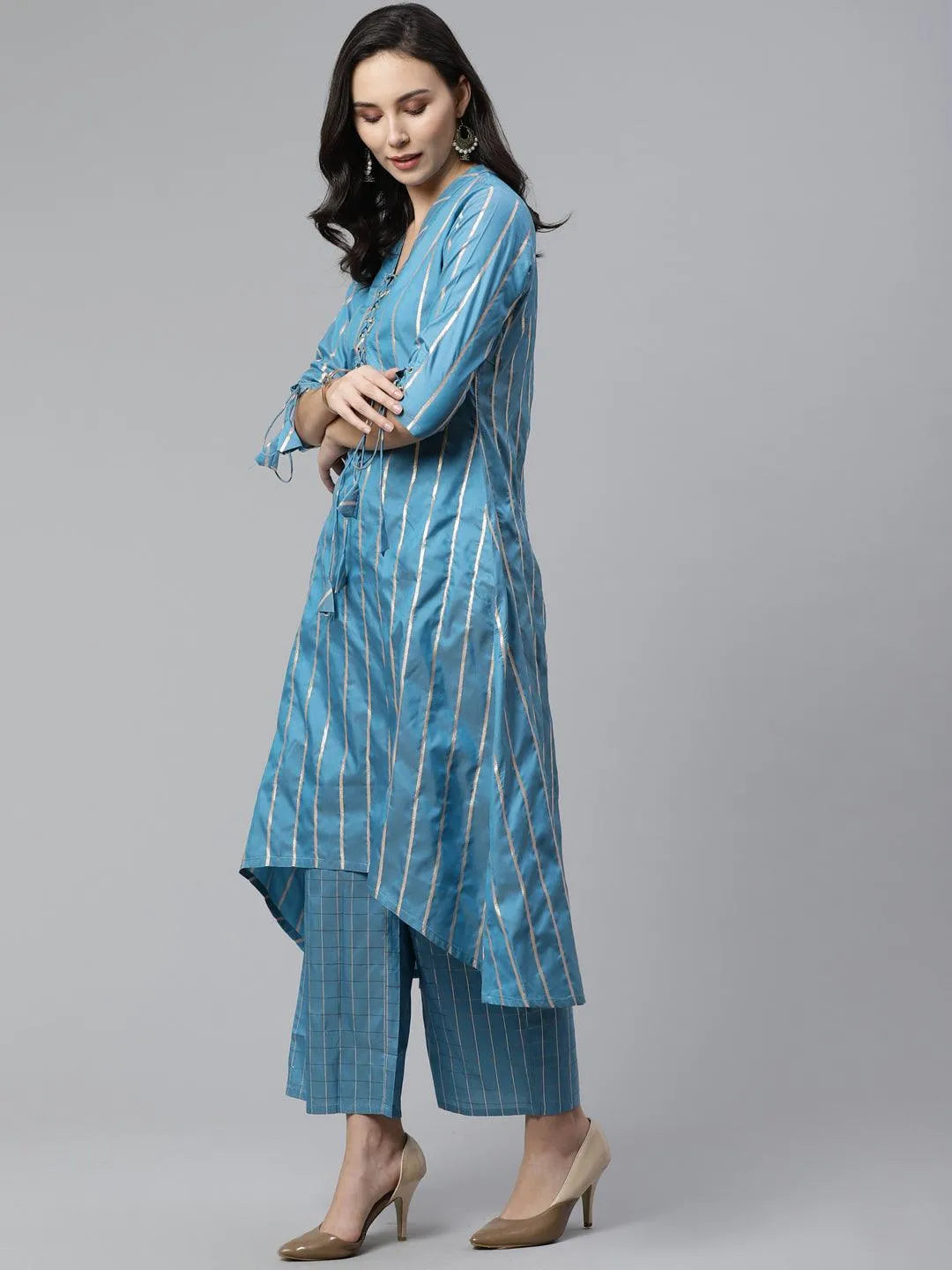 Blue Striped Chanderi Kurta Set - Libas 