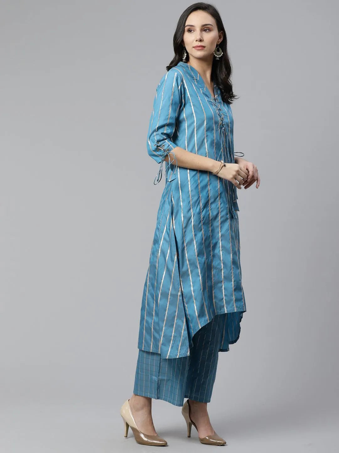 Blue Striped Chanderi Kurta Set - Libas 