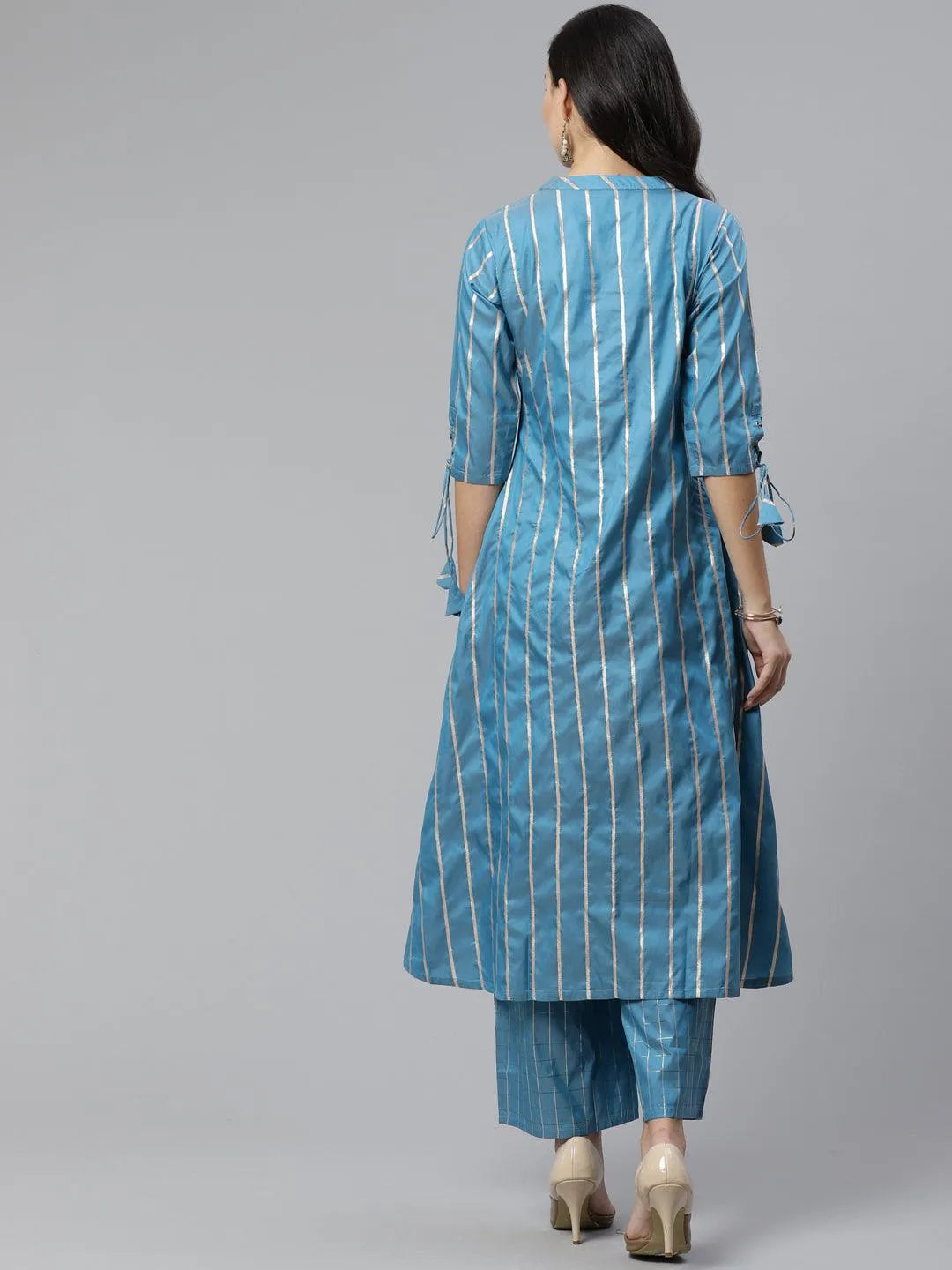 Blue Striped Chanderi Kurta Set - Libas 