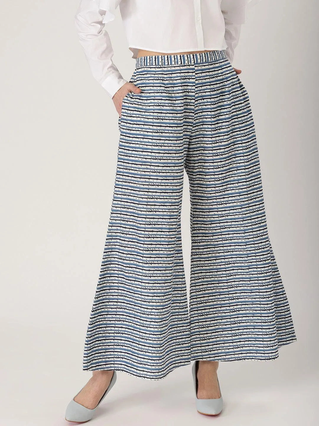 Blue Striped Cotton Palazzos - Libas 