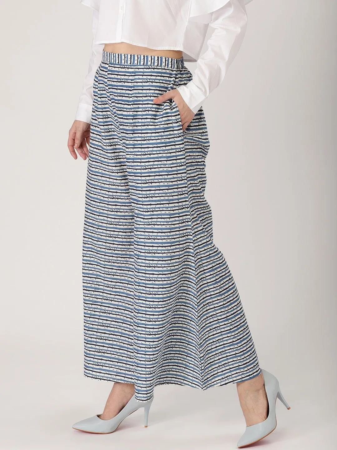 Blue Striped Cotton Palazzos - Libas 