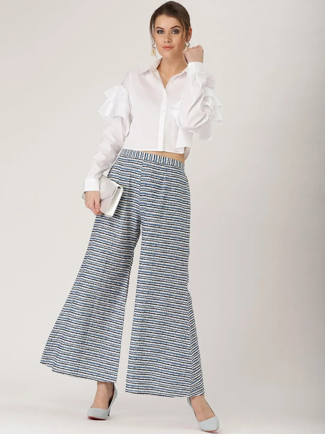 Blue Striped Cotton Palazzos - Libas 