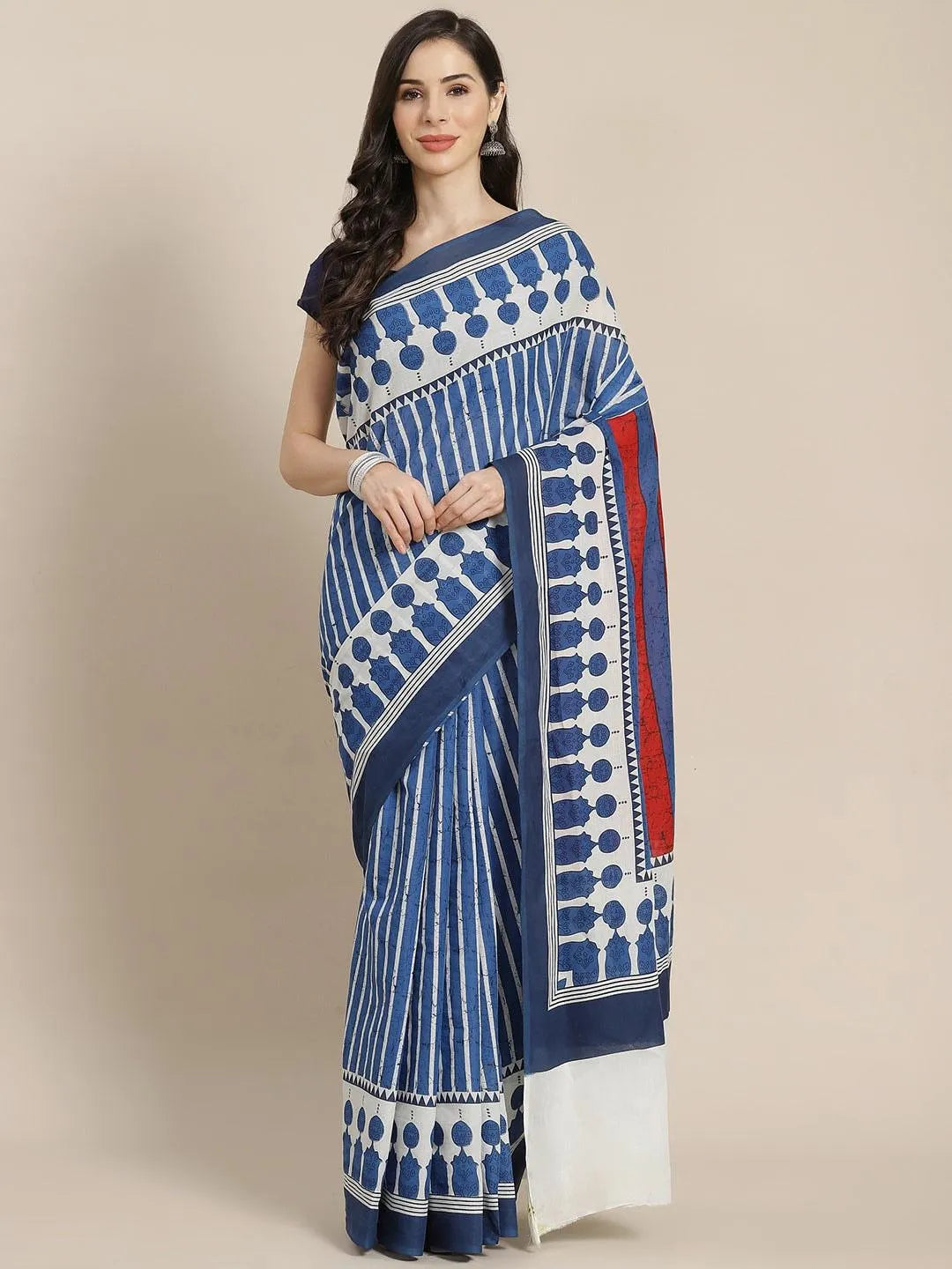 Blue Striped Cotton Saree - Libas 