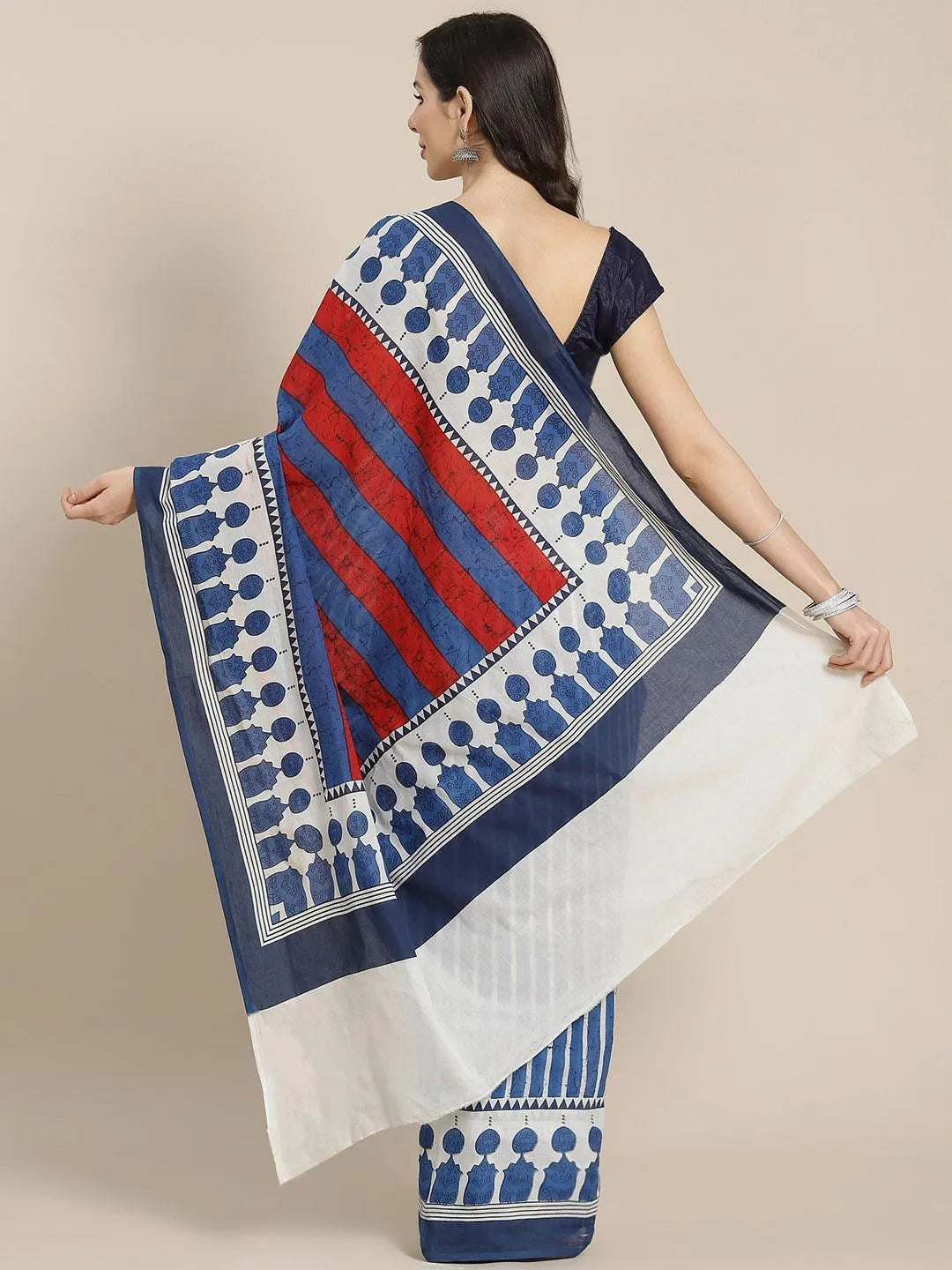 Blue Striped Cotton Saree - Libas 