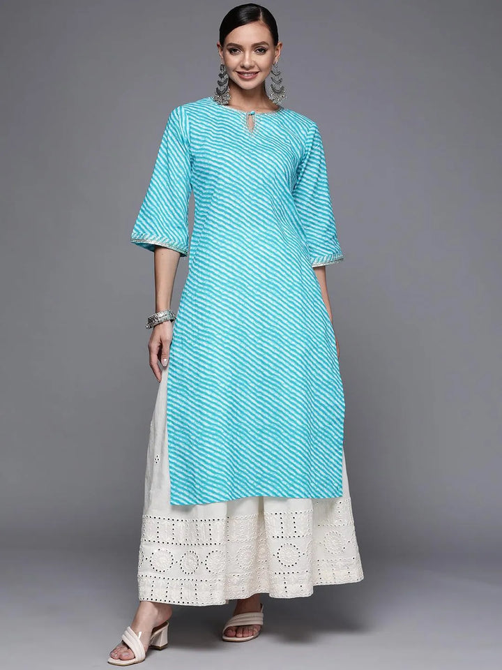 Blue Striped Cotton Straight Kurta - Libas