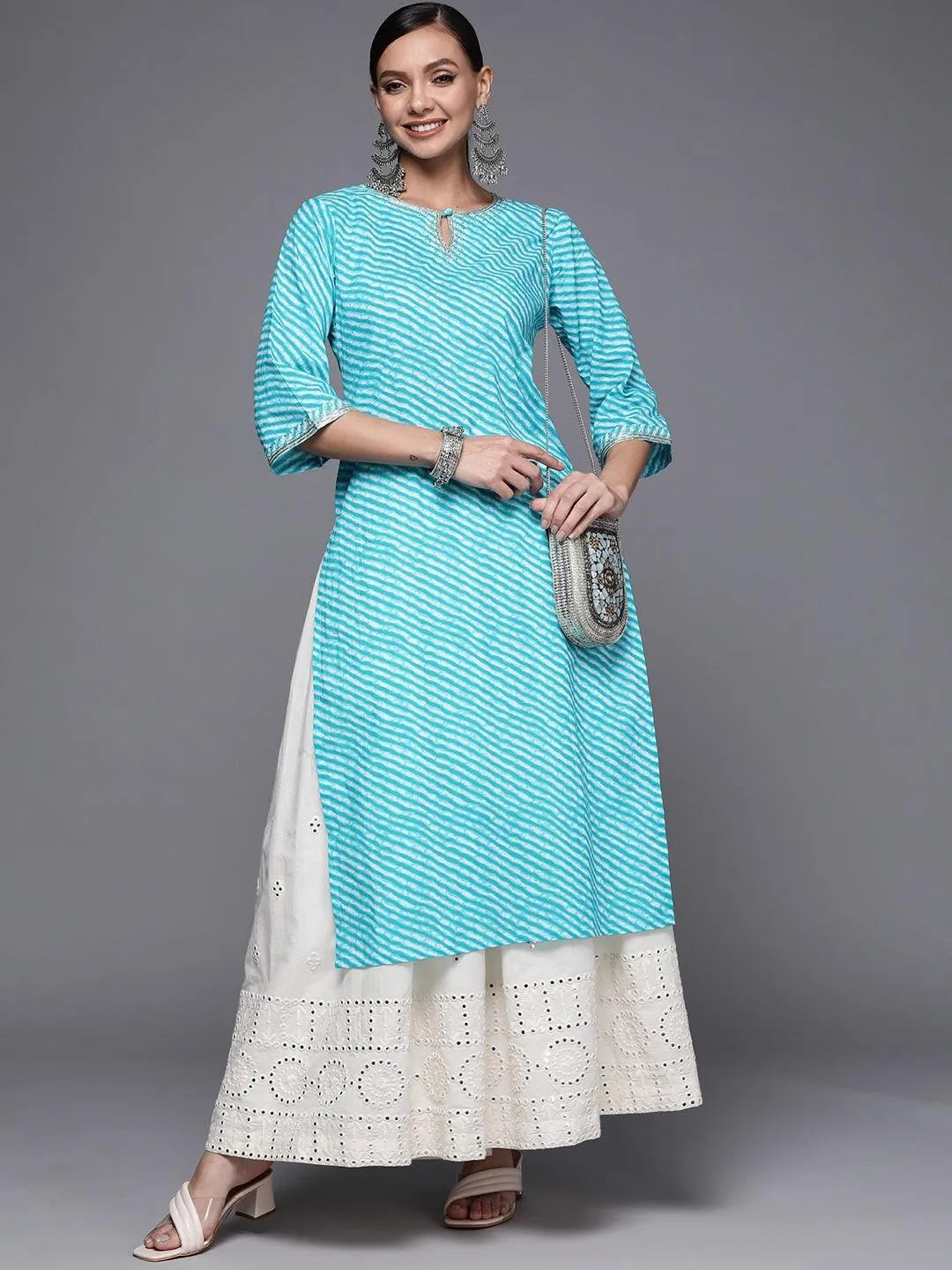 Blue Striped Cotton Straight Kurta - Libas