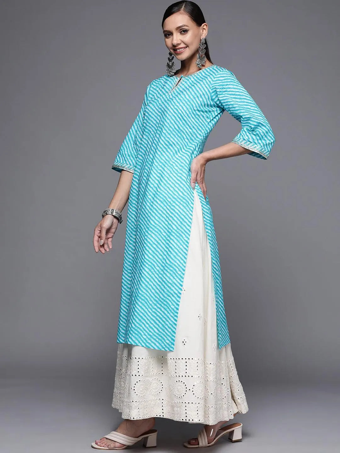 Blue Striped Cotton Straight Kurta - Libas