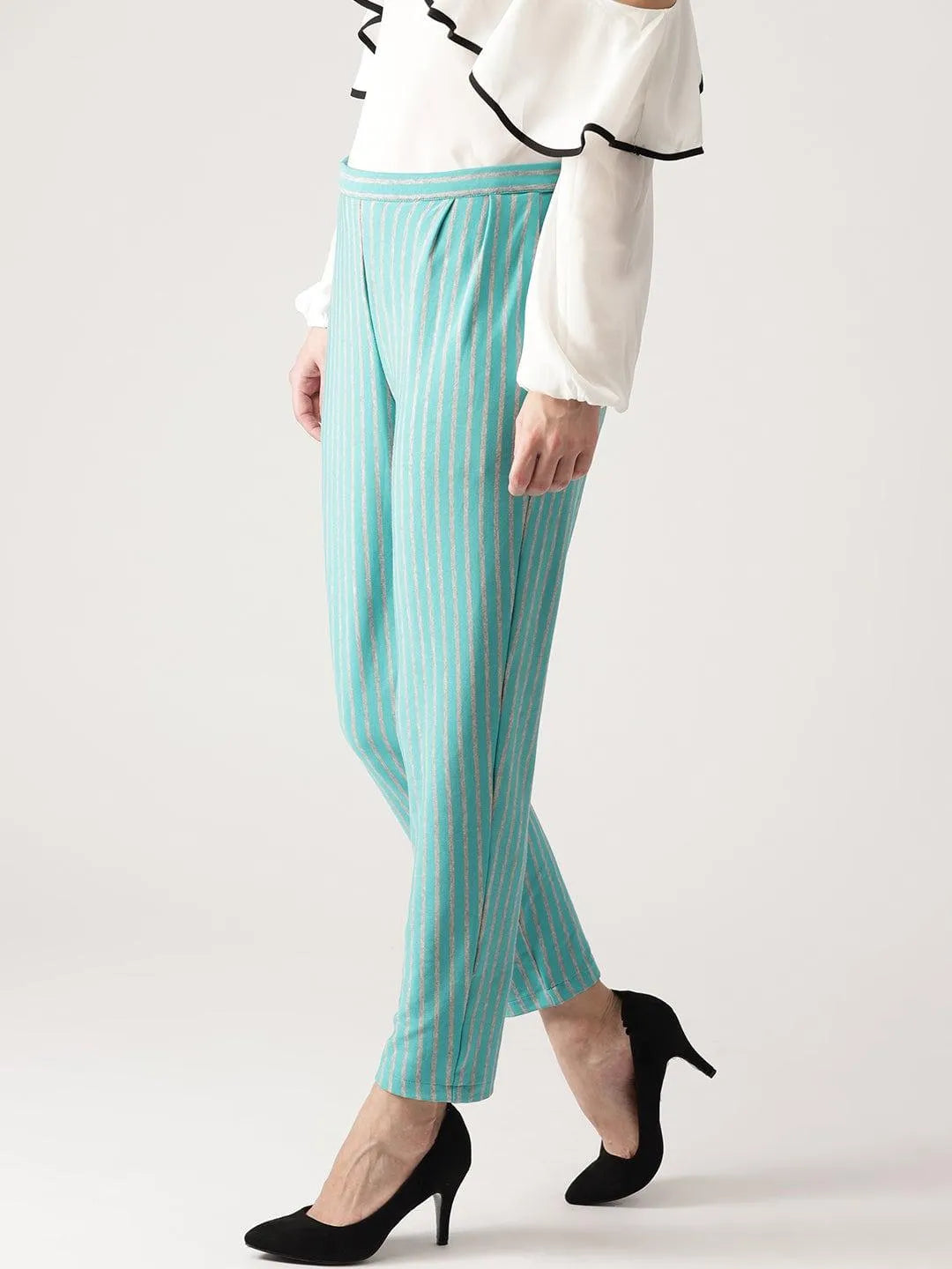 Blue Striped Polyester Trousers - Libas