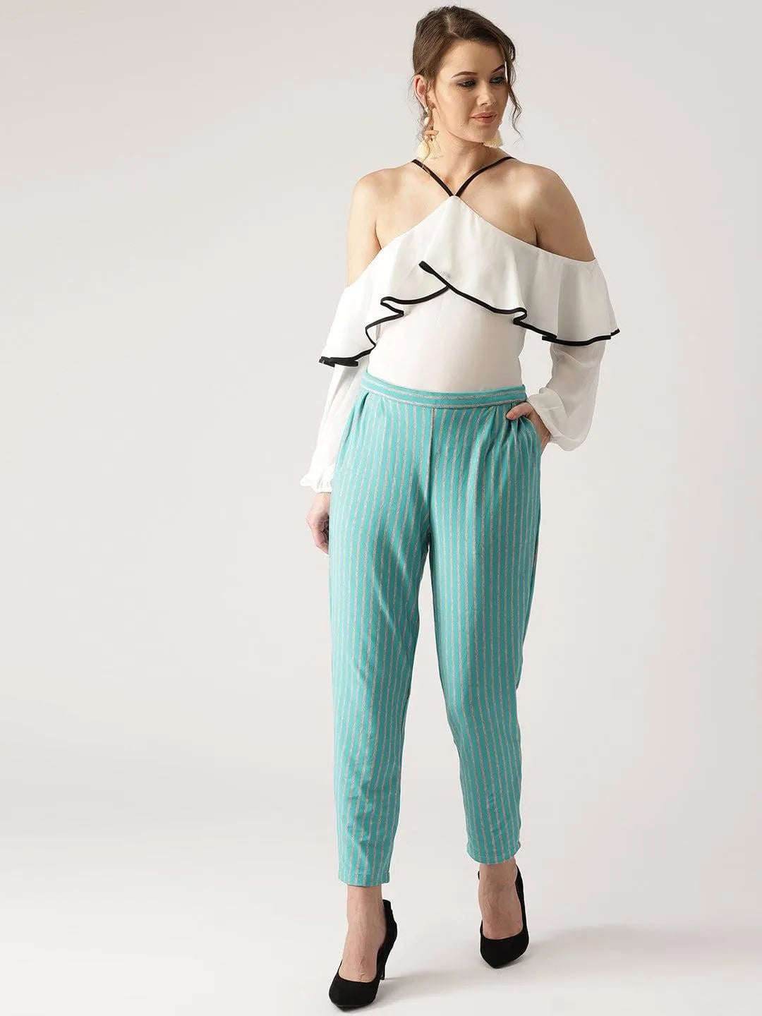 Blue Striped Polyester Trousers - Libas 