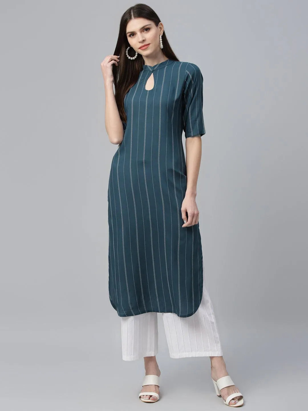 Blue Striped Rayon Kurta - Libas