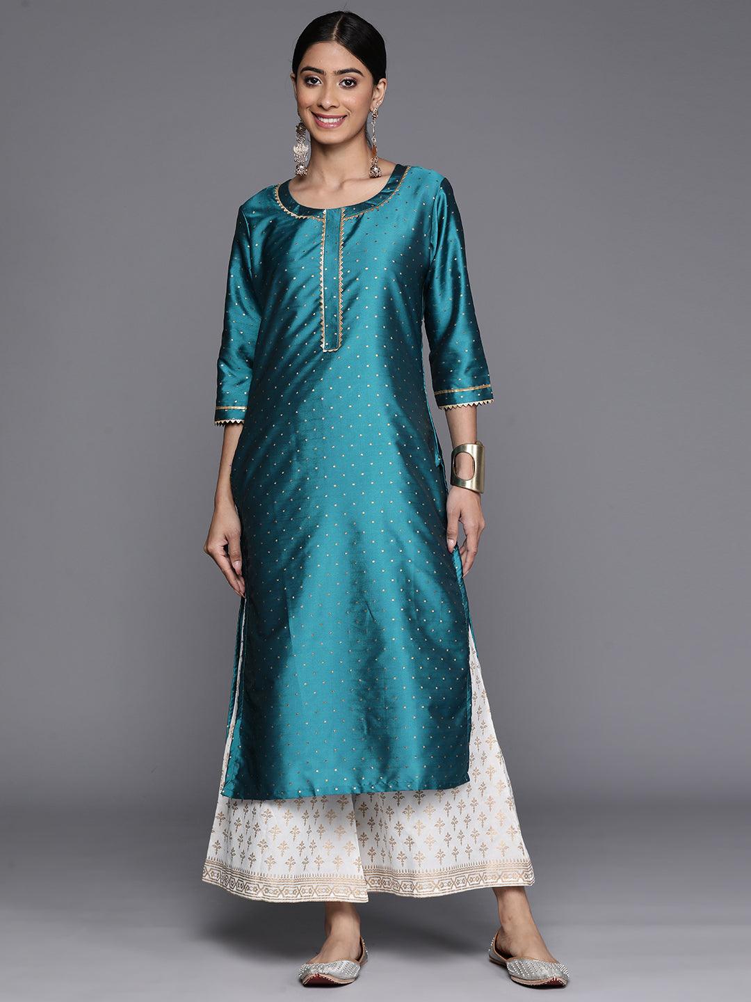 Blue Woven Design Art Silk Straight Kurta - Libas