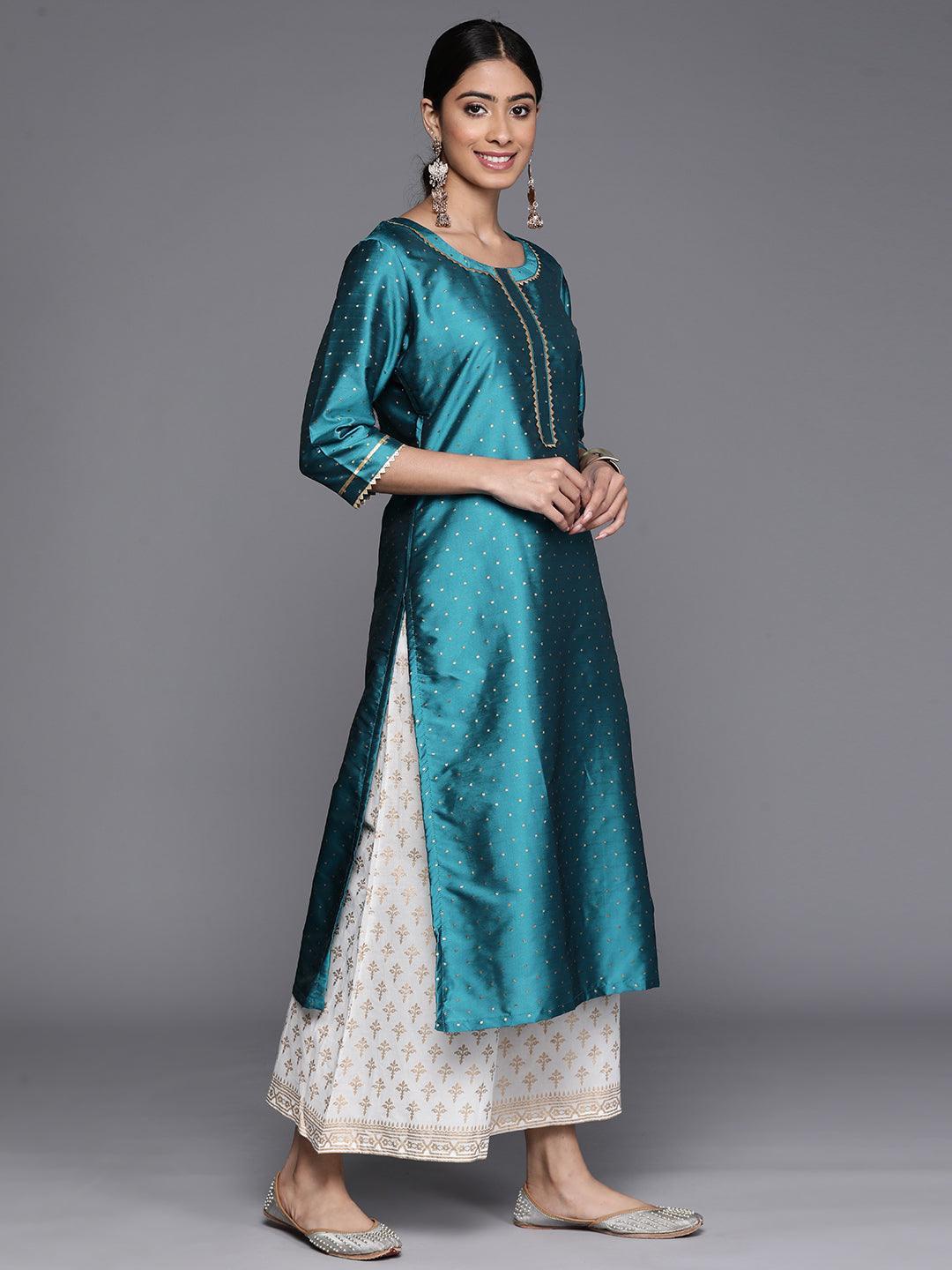 Blue Woven Design Art Silk Straight Kurta - Libas