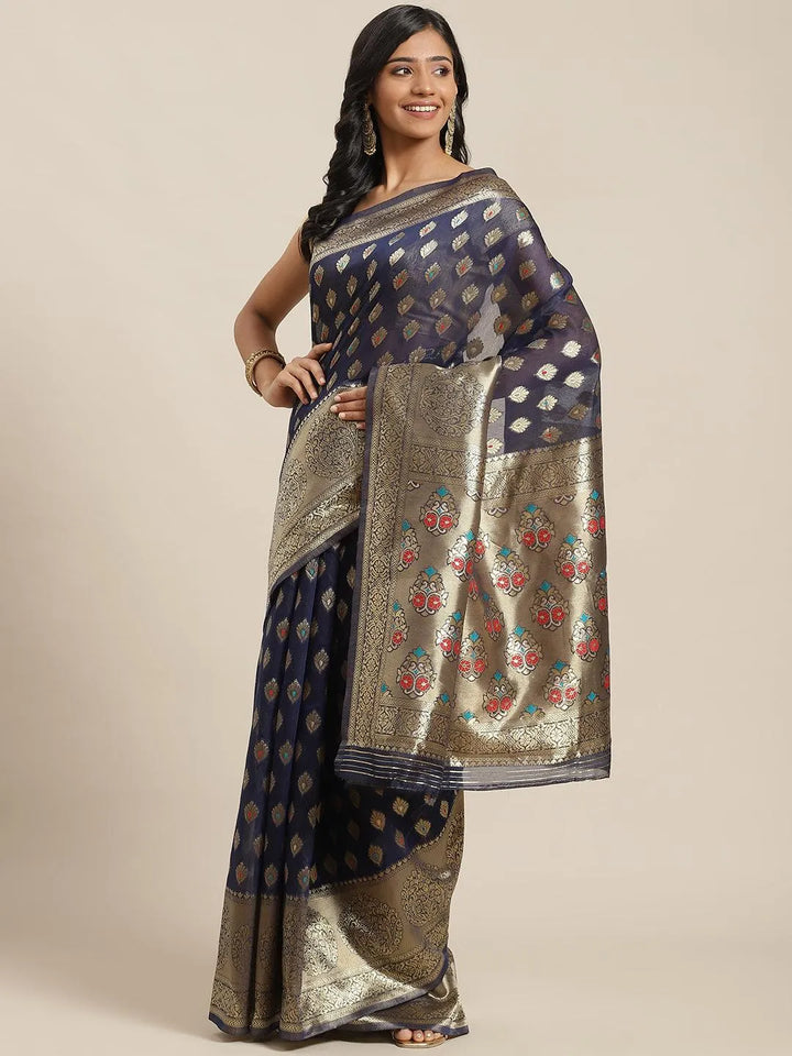 Blue Woven Design Brocade Saree - Libas