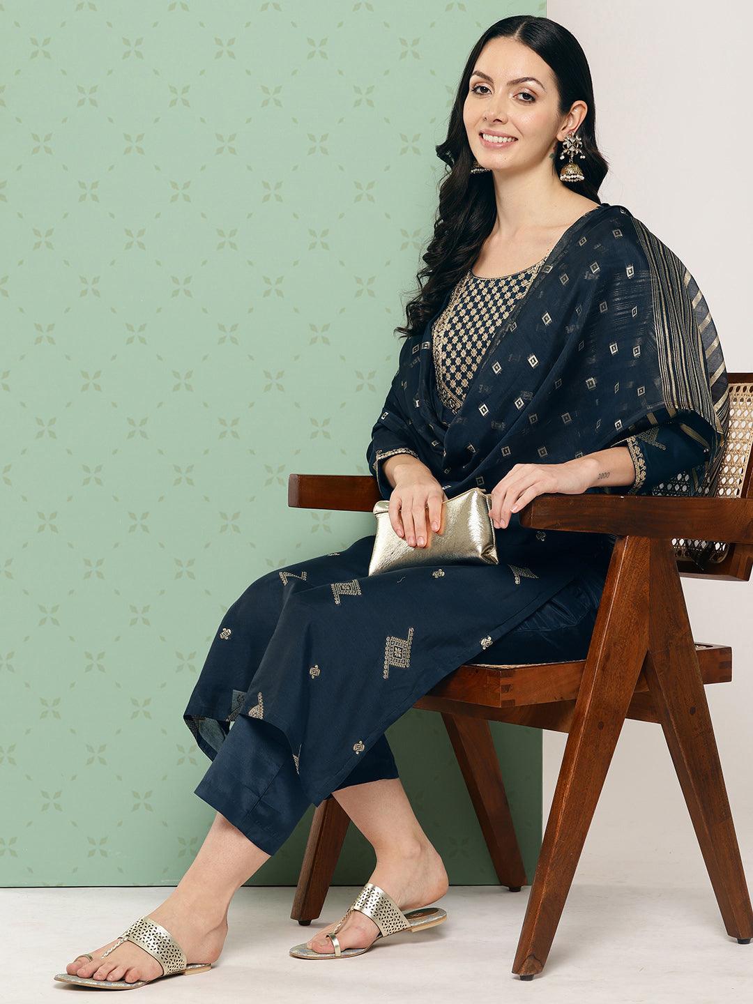 Blue Woven Design Chanderi Silk Straight Kurta With Trousers & Dupatta - Libas 