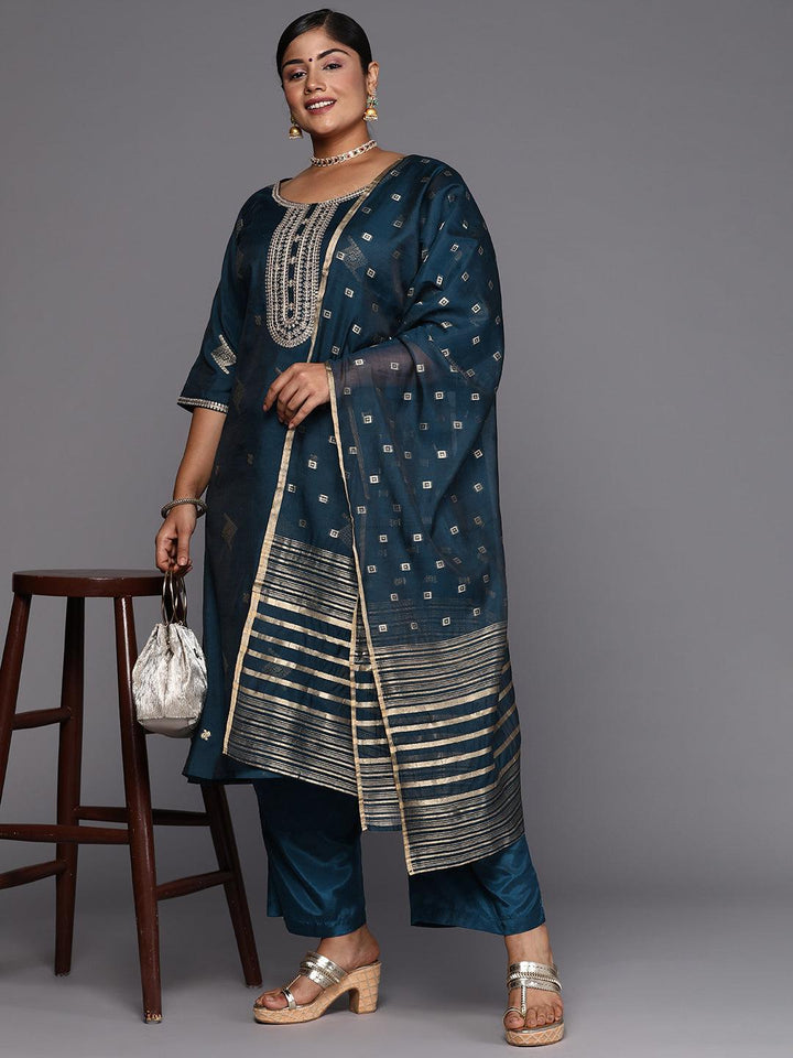 Blue Woven Design Chanderi Silk Straight Kurta With Trousers & Dupatta - Libas