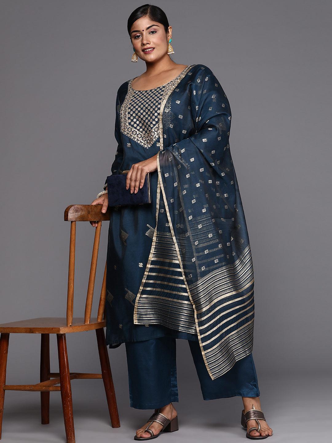 Blue Woven Design Chanderi Silk Straight Kurta With Trousers & Dupatta - Libas