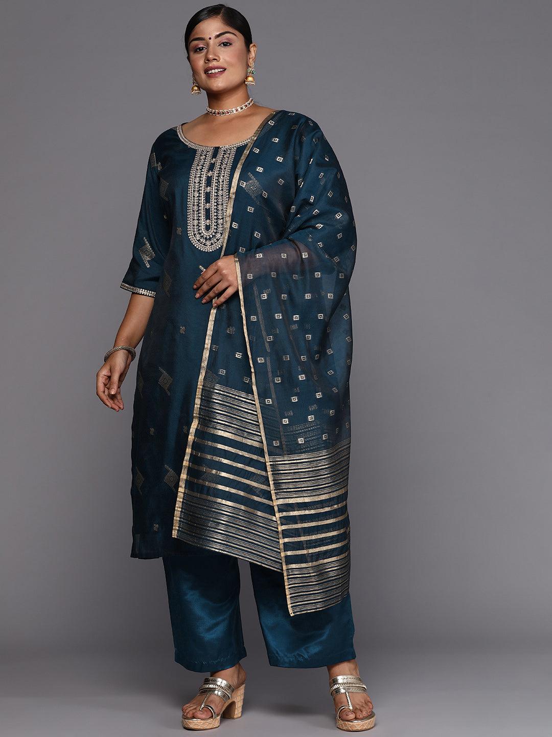 Blue Woven Design Chanderi Silk Straight Kurta With Trousers & Dupatta - Libas