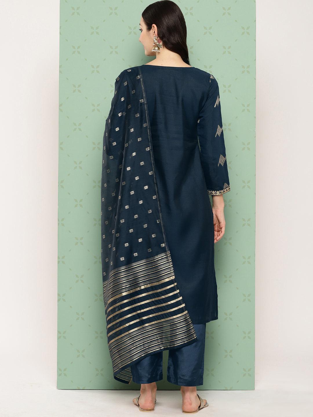 Blue Woven Design Chanderi Silk Straight Kurta With Trousers & Dupatta - Libas