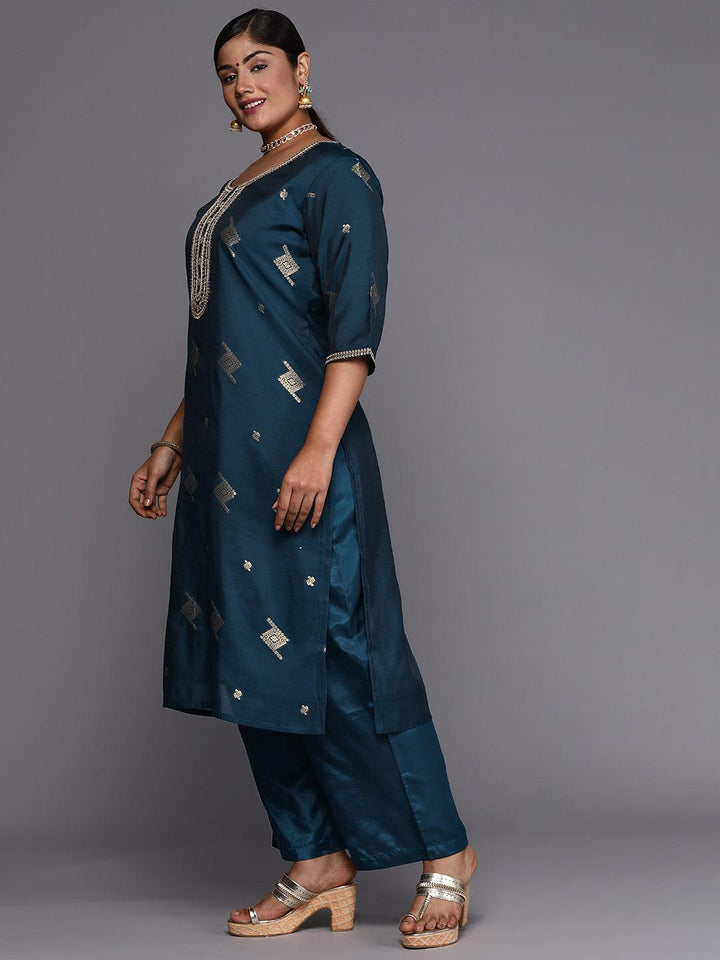 Blue Woven Design Chanderi Silk Straight Kurta With Trousers & Dupatta - Libas