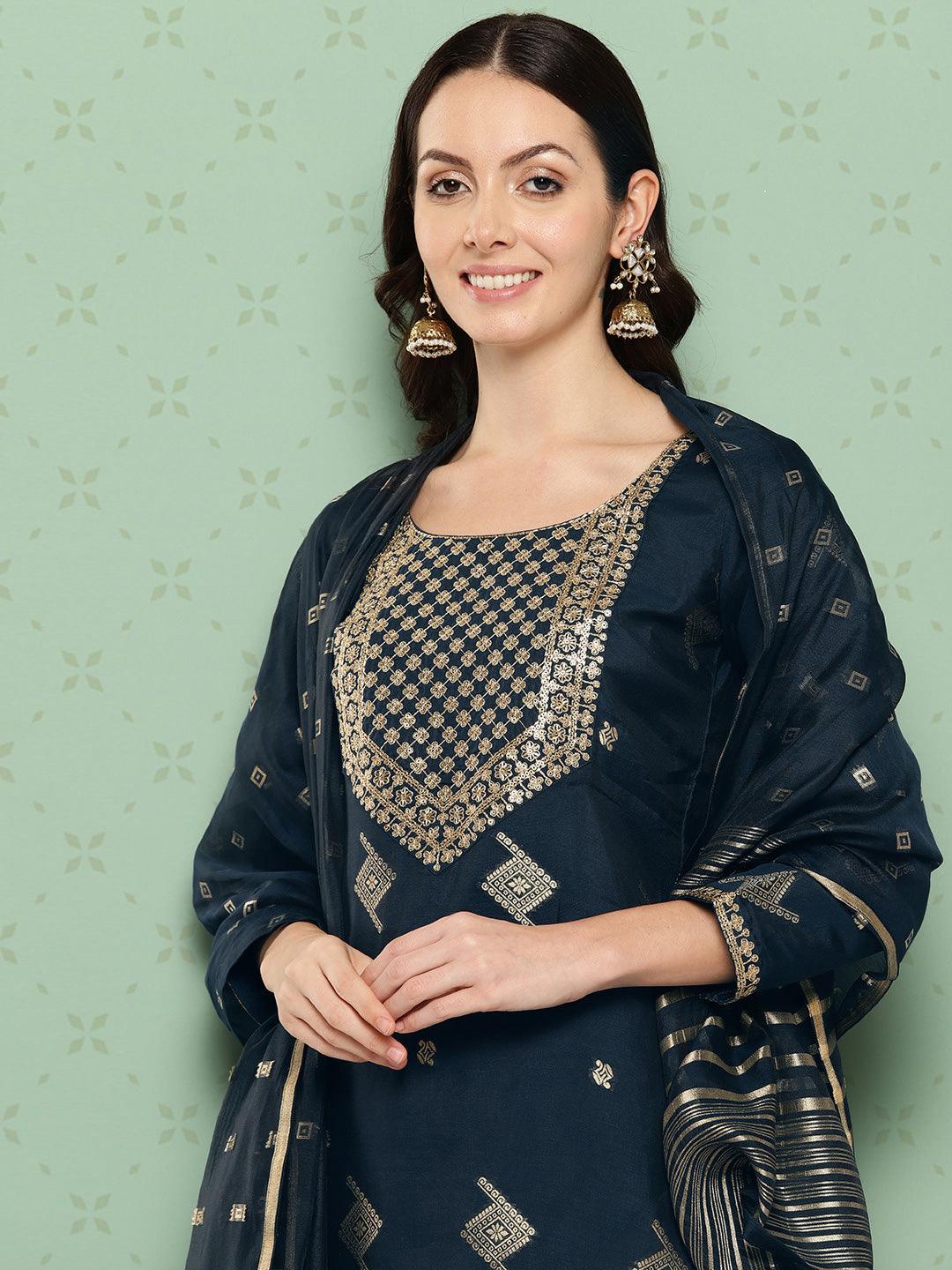 Blue Woven Design Chanderi Silk Straight Kurta With Trousers & Dupatta - Libas 