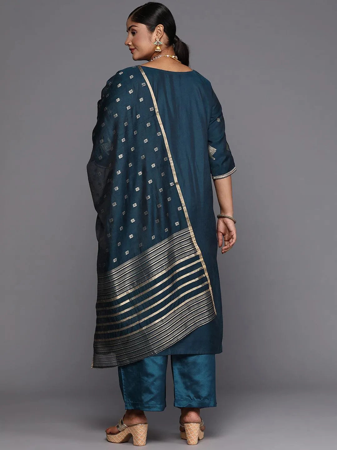 Blue Woven Design Chanderi Silk Straight Kurta With Trousers & Dupatta - Libas