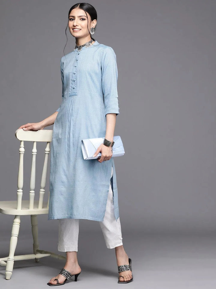 Blue Woven Design Cotton Kurta - Libas